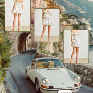 Könnte beinhalten: Ein weißes Polka-Dot-Satin-Kleid mit Off-Shoulder-Design wird in drei inset-Bildern gezeigt. Das Kleid wird mit Absätzen kombiniert. Das Bild enthält auch ein weißes Oldtimer-Auto und den Text "New arrival" und "Polka dot satin dress."