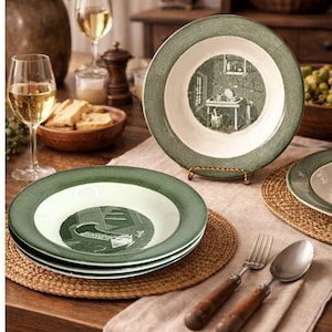 May include: A set of green and white decorative plates with a detailed illustration in the center. The plates are stacked on a woven placemat, with silverware and wine glasses in the background. The plates have a green border.