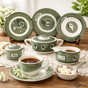 Vintage Royal China Colonial Homestead Green Transferware | Farmhouse Dinnerware