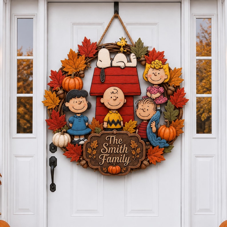 May include: A circular autumn wreath featuring Peanuts characters including Snoopy on a red doghouse, Charlie Brown, Lucy, Linus, and Sally. The wreath is decorated with orange and white pumpkins, acorns, and red, orange, and green maple leaves. A central brown plaque displays the text The Smith Family.