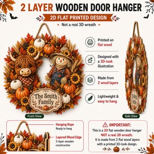 May include: A 2-layer wooden door hanger featuring a 2D flat printed design of a Highland cow, a scarecrow, pumpkins, sunflowers, and autumn leaves. The sign includes the text The Smith Family and is suspended by a rope for easy hanging.