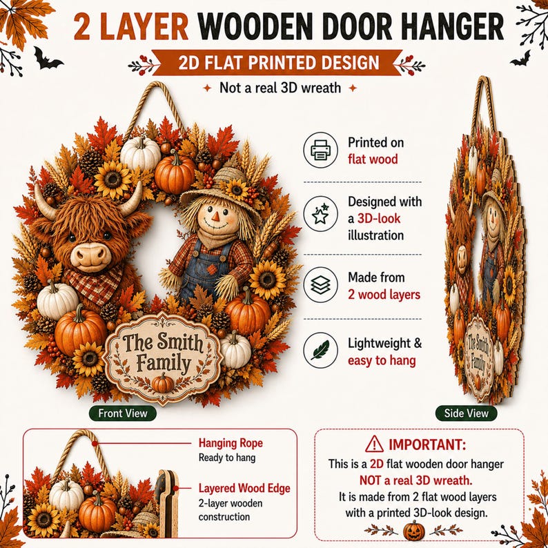 May include: A 2-layer wooden door hanger featuring a 2D flat printed design of a Highland cow, a scarecrow, pumpkins, sunflowers, and autumn leaves. The sign includes the text The Smith Family and is suspended by a rope for easy hanging.