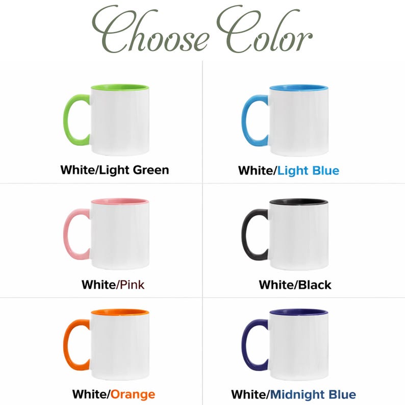 Peut inclure: Pr&eacute;sentation de tasses en c&eacute;ramique blanches avec des poign&eacute;es et des int&eacute;rieurs color&eacute;s. Les couleurs disponibles sont vert clair, bleu clair, rose, noir, orange et bleu nuit. Le texte "Choose Color" est en haut.