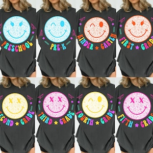 Neon Smiley Face First/Second/Third Grade Bundle Png, Preppy Back To School Png, Pre-k Colorful School Teacher Png, 1st Day Of School Png