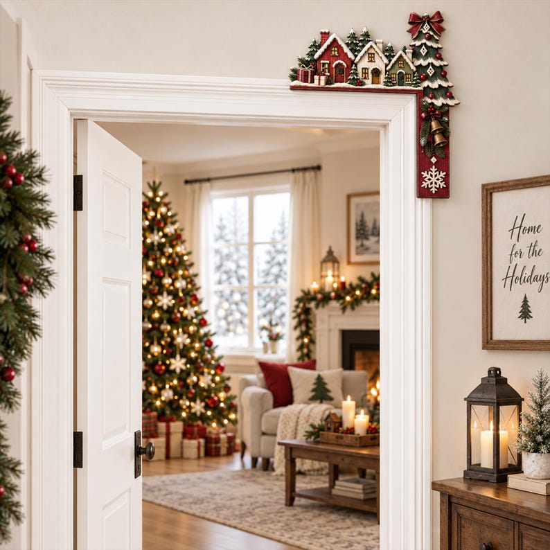 May include: A decorative Christmas door corner topper featuring a miniature village scene with snow-dusted houses, pine trees, and a tall tree adorned with a red bow and gold bells, all set against a dark red wooden frame with a white snowflake.