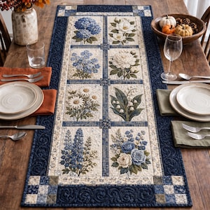 May include: A rectangular quilted table runner featuring a central grid of eight floral panels with blue and white blossoms, including hydrangeas, daisies, and roses. The runner has a dark blue border with a swirling pattern and a cream background.