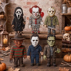 Halloween Wooden Block Decor Set, Spooky Character Shelf Sitters, Vampire Mummy Ghost Pumpkin Frankenstein Rustic Home Decor