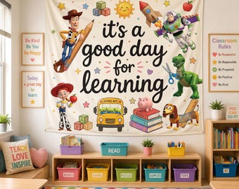 Toy Story Classroom Tapestry, Disney Pixar Woody Buzz Jessie Rex Wall Hanging, It’s A Good Day For Learning Teacher Decor