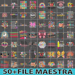 50+ Retro Maestra Bundle Png, Spanish Teacher Bundle, Bright doodle Teacher Life Png, Teacher Appreciation Gift, Maestra Back To School