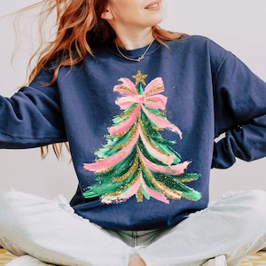 Colorful Christmas Tree PNG Hand drawn doodle Png Brush strokes Coquette Pink Bow Faux glitter Gold Festive Ornament Art Holiday Projects