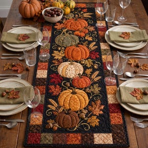 May include: A rectangular quilted table runner featuring a black background with an appliqued pattern of various pumpkins, autumn leaves, and wheat stalks. The border consists of a patchwork of brown, orange, and cream fabric squares.
