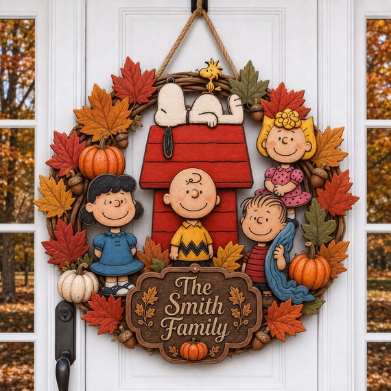Personalized Cute Dog Door Decor, Puppy Fall Family Wreath, Custom Wooden Autumn Door Hanger, Thanksgiving Front Door Sign, Rustic Decor