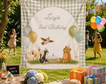 Custom Vintage Bear Birthday Banner, Woodland Bear and Animals Party Backdrop, Classic Storybook Birthday Tapestry, Yard Decor Sign