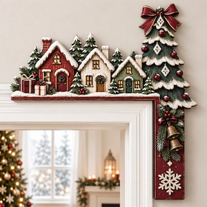 May include: A decorative L-shaped Christmas door topper featuring a red house, a white house, and a green house, all with snow-dusted roofs. A tall evergreen tree with red ornaments and a large red bow sits on the right, accented by gold bells.