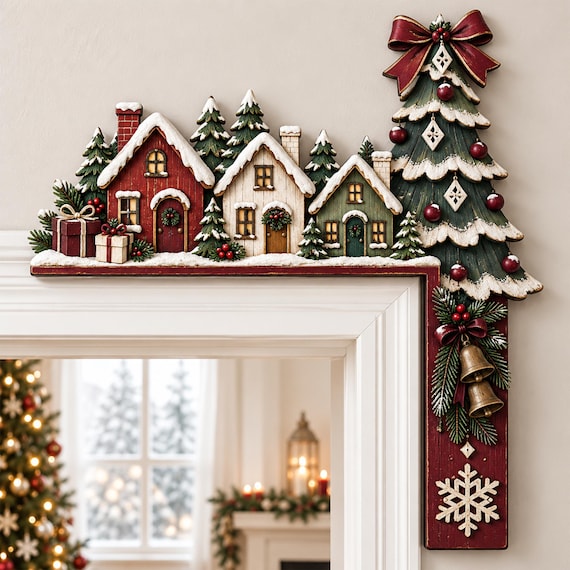 Christmas Village Door Topper, Rustic Wooden Right Corner Door Frame Decor, Christmas Tree Holiday Entryway Sign, 2 Layer Wood Decor