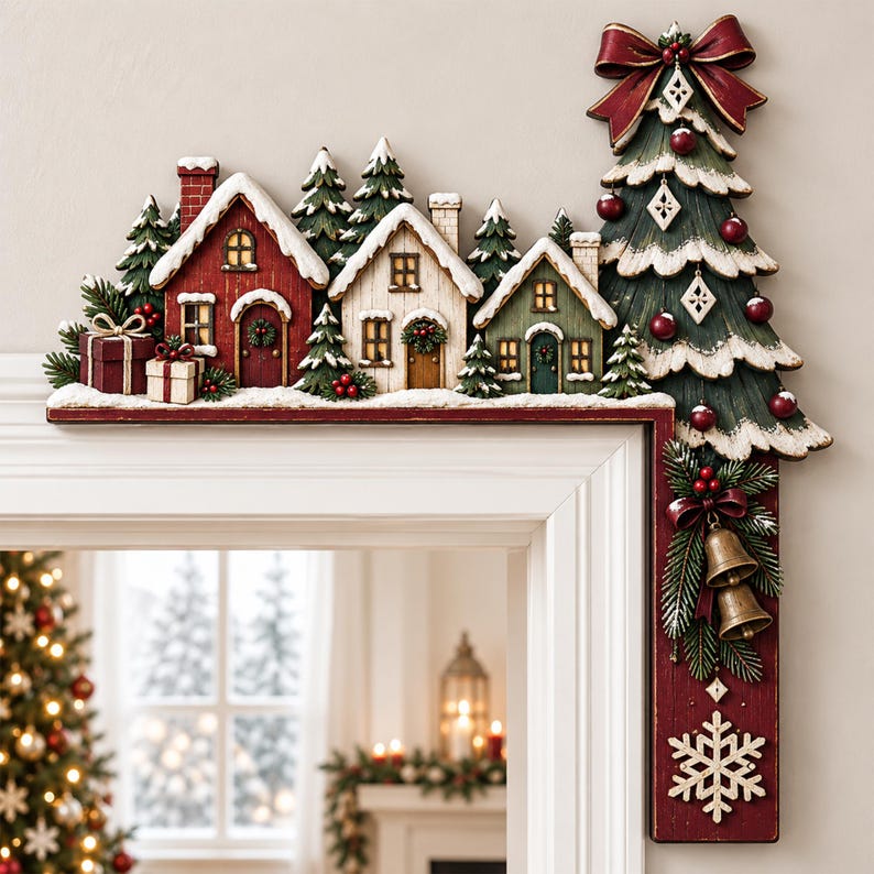 May include: A decorative L-shaped Christmas door topper featuring a red house, a white house, and a green house, all with snow-dusted roofs. A tall evergreen tree with red ornaments and a large red bow sits on the right, accented by gold bells.