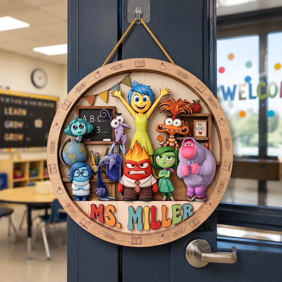 Personalized Inside Out Classroom Door Sign, Custom Teacher Name Plaque, Emotion Character Classroom Decor, Back to School Teacher Gift