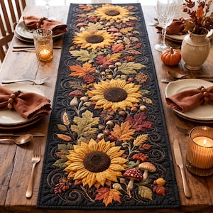 May include: A black quilted table runner featuring an embroidered autumn motif of yellow sunflowers, orange and green maple leaves, small mushrooms, and acorns. The runner is centered on a wooden table set with plates, napkins, and candles.