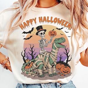 Skeleton Riding Mummy Dinosaur T-rex Halloween Png, Dinosaur Halloween Png, T-rex Print Digital, Skeleton Png, Happy Halloween Png