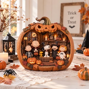May include: A decorative hollowed-out pumpkin sculpture featuring a detailed Peanuts character Halloween scene inside. The display includes Snoopy, Charlie Brown, and friends in costumes, illuminated by warm lights, with autumn leaves and carved pumpkins.
