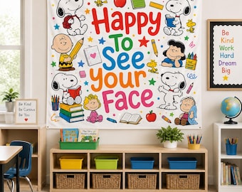 Happy To See Your Face Tapestry, Classroom Welcome Banner, Cute Dog Decor, Teacher Classroom Sign, Back To School Wall Art, Teacher Gift