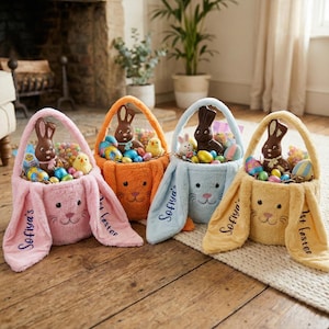 Personalized Easter Basket with Bunny Face,Custom Name Embroidered Gingham Print Basket,Boho Style Extra Large Children Keepsake,Easter Gift