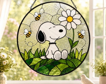 Cute Dog Bee Stained Glass Suncatcher, Puppy Window Hanging, Spring Daisy Decor, Cute Dog Lover Gift, Garden Art