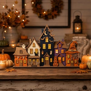 May include: A wooden Halloween village display featuring five interconnected houses in orange, white, dark blue, and purple. The structures include cutouts of a ghost, a black cat, bats, a crescent moon, pumpkins, and a spiderweb, all illuminated from within.