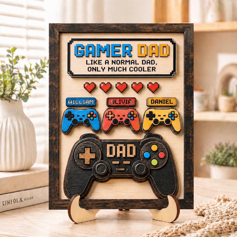 May include: A rectangular wooden wall sign with a dark frame featuring the text GAMER DAD LIKE A NORMAL DAD, ONLY MUCH COOLER. It includes five red pixelated hearts, three small game controllers labeled William, Olivia, and Daniel, and one large black controller labeled DAD.