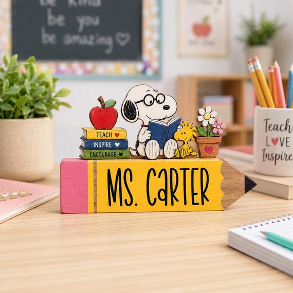 Personalized Teacher Desk Sign, Custom Wooden Pencil Name Plate, Cute Dog Classroom Decor, Teacher Appreciation Gift, Back to School Gift