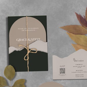May include: A wedding invitation suite featuring an arched taupe card with the text Grace & Steve June 20 2027, a black envelope with a taupe arched insert tied with twine, and a rectangular details card with a QR code and event information.