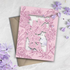 May include: A rectangular invitation card with a light pink background featuring dark pink line art of butterflies and floral arrangements. The card displays text including "PLEASE JOIN" and "CELEBRATE THE BEGINNING OF". A tan envelope sits underneath.