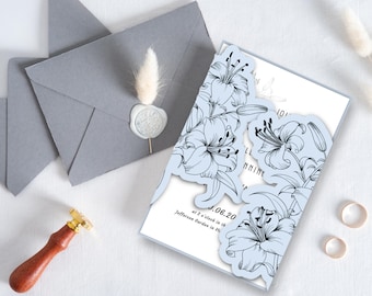 Convite de casamento com estampa de lírios em formato de capa (SVG) | Modelo de bolso para convite floral | Modelo para imprimir e cortar com Cricut | Conjunto de casamento elegante