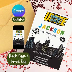 Invito di compleanno con skyline di supereroi, invito per festa a tema fumetti, invito per festa a tema eroi, biglietto di auguri per bambini modificabile, download immediato