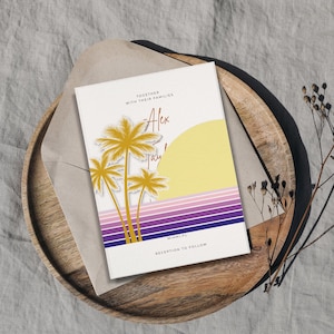 May include: A rectangular wedding invitation card featuring a graphic of three yellow palm trees against a yellow sun and horizontal stripes in shades of pink, purple, and dark blue. The text reads Together with their families, Alex, Taylor, Miami, FL, and Reception to follow.
