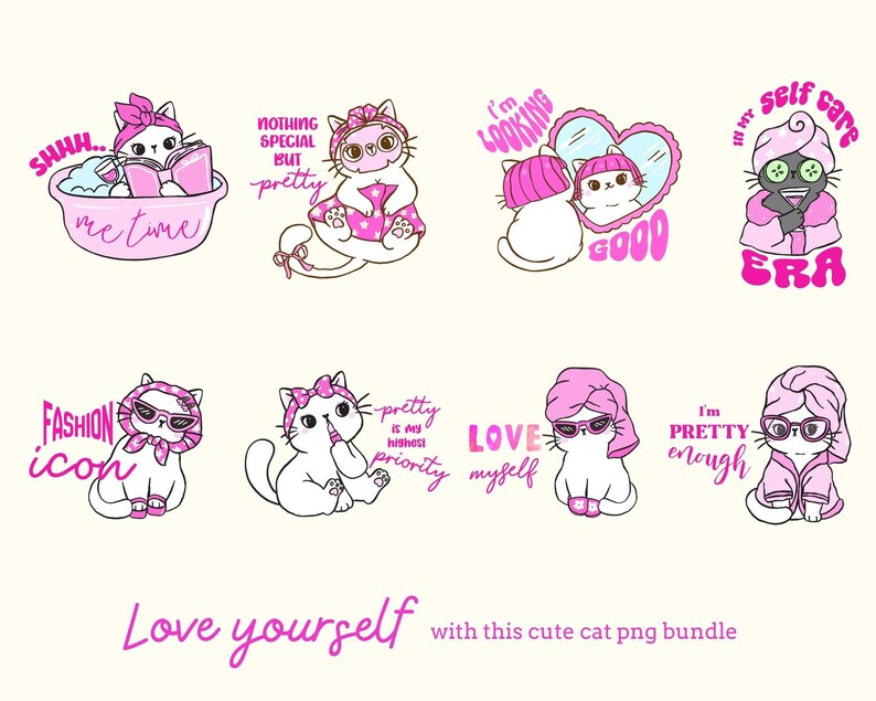 Self Love Clip Art Bundle | Cute Cat PNG | Kawaii Self Care PNG | Self ...