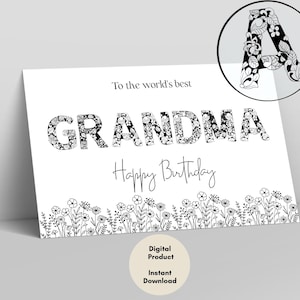 Carte d'anniversaire grand-mère imprimable à colorier, carte florale à colorier noir et blanc, carte de joyeux anniversaire pour grand-mère, téléchargement numérique