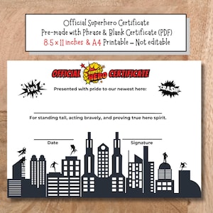 Superhero Certificate, Superhero Party Printable, Superhero Party Favor, Superhero Printable Reward for Kids, Instant Download