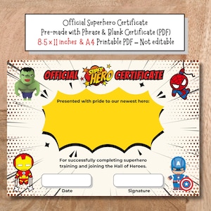 Superhero Certificate, Superhero Party Printable, Superhero Party Favor, Superhero Printable Reward for Kids, Instant Download