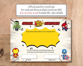 Superhero Certificate, Superhero Party Printable, Superhero Party Favor, Superhero Printable Reward for Kids, Instant Download