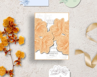 Könnte beinhalten: Ein Hochzeitspapeterie-Set bestehend aus einer Einladungskarte mit pfirsichfarbenen, floralen Stanzungen, einer hellblauen Tischkarte, einer hellgrünen, ovalen RSVP-Karte mit QR-Code und einer weißen Detailkarte, alle mit floralen Linienzeichnungen verziert.