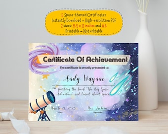 Conjunto de 5 certificados de conquistas com tema espacial para crianças, certificado de premiação, diploma de jardim de infância e pré-escola | Para impressão | Não editável