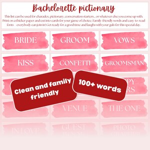 Cartes de mots imprimables avec images de bachelorette, adaptées aux familles et propres, charades, cartes de conversation, plus de 100 mots