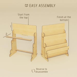 May include: Two wooden display shelves are shown, one partially assembled. The text "EASY ASSEMBLY" is at the top. The instructions show to "Start from the top" and "Finish at the bottom." The design includes slots for easy assembly and disassembly.