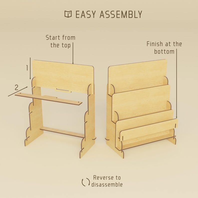May include: Two wooden display shelves are shown, one partially assembled. The text "EASY ASSEMBLY" is at the top. The instructions show to "Start from the top" and "Finish at the bottom." The design includes slots for easy assembly and disassembly.