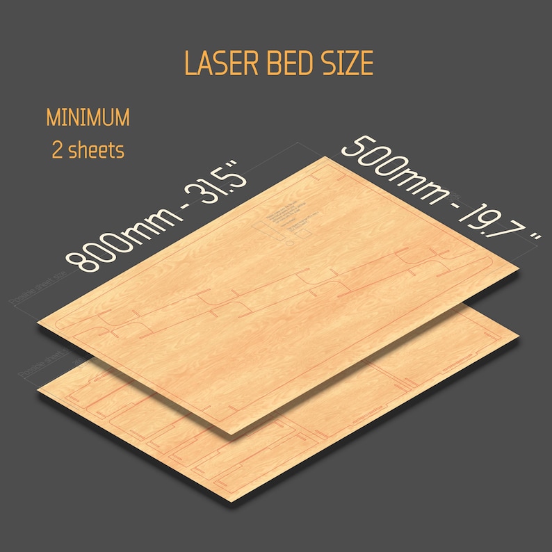 May include: Two light brown wooden sheets with a laser-cut design, stacked on a dark gray background. The text "LASER BED SIZE" is at the top, with dimensions of 800mm - 31.5" and 500mm - 19.7". The text "MINIMUM 2 sheets" is also visible.