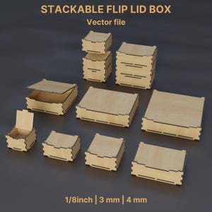 Puede incluir: Una colección de cajas apilables con tapa abatible hechas de madera clara. Las cajas varían en tamaño y forma, algunas abiertas y otras cerradas. El texto "STACKABLE FLIP LID BOX" y "Vector file" están en la parte superior. El texto inferior dice "1/8inch | 3 mm | 4 mm".