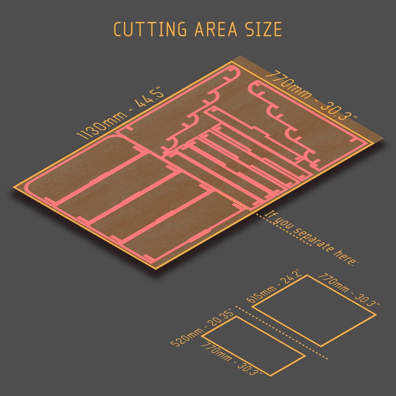 K&ouml;nnte beinhalten: Isometrische Ansicht eines braunen Schneidebereichs mit rosa Schnittlinien und dem Text "CUTTING AREA SIZE". Abmessungen in Millimetern und Zoll: 1130mm - 44.5", 770mm - 30.3", 520mm - 20.35" und 615mm - 24.2".