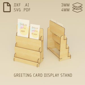 May include: Two wooden greeting card display stands. One stand has three tiers, the other has four. The stands are designed to hold cards that are 13x18 cm and 10x14 cm. The image also includes file type icons and the text "GREETING CARD DISPLAY STAND."
