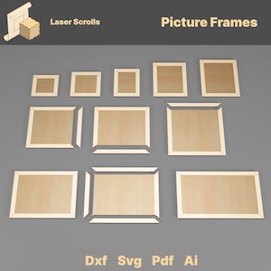 May include: A collection of wooden picture frames in various sizes, with light-colored wood and white borders. The frames are arranged on a gray background. The text "Laser Scrolls" and "Picture Frames" are at the top, and "Dxf Svg Pdf Ai" at the bottom.